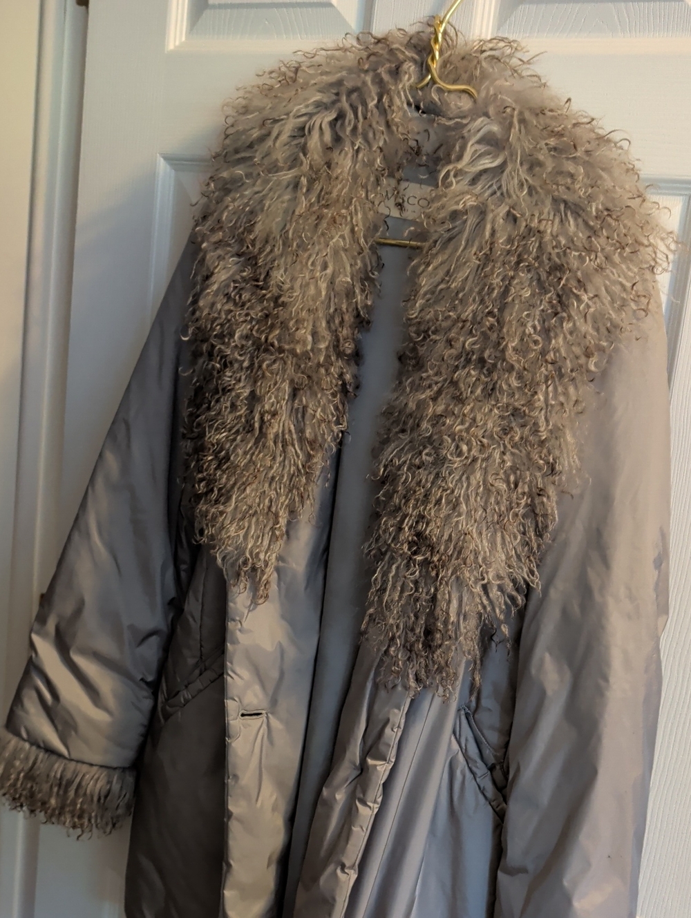 Vintage Wool-Trim Long Women's Coat in Grey